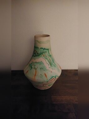 Vintage Native American Nemadji Pottery USA Green Mint Orange Black Grey Vase